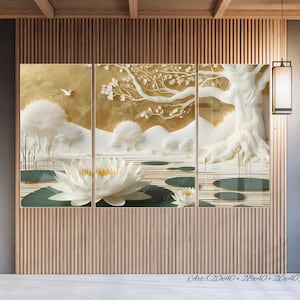 May include: A triptych wall art piece featuring a serene landscape with a white lotus flower, trees, and a bird against a gold background. The artwork is composed of three panels, each 20x40 inches, 25x40 inches, and 20x40 inches.