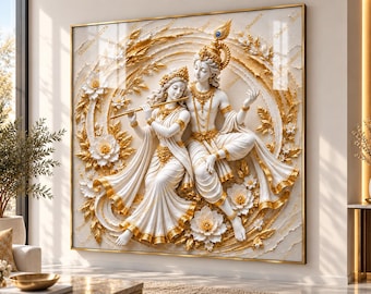 Radha Krishna 3D Painting White Gold, Indian Spiritual Art, Housewarming Gift, 3D Modern Wall Art, Custom Paper Canvas Framed Glass Print
