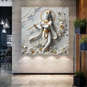 Lord Krishna Flute, Puja room 3D Idol Wall Art, Indian Hindu God Painting, Modern White Gold 3D Full Length Standing Krishna Statue Art