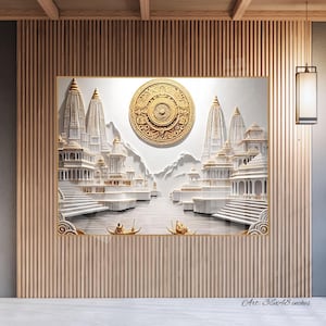 May include: A framed wall art print depicting a detailed, three-dimensional rendering of an Indian temple complex. The artwork features white structures with gold accents, a central gold medallion, and measures 36x48 inches.