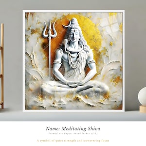 May include: A square framed art print titled Meditating Shiva, featuring a white figure of Shiva in a meditative pose with a trident, set against a textured background of white and gold paint strokes, measuring 40x40 inches in total size.