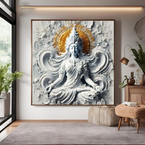 Goddess Lakshmi in Meditation, Painting White, Indian Spiritual Art Housewarming Gift, 3D Modern Wall Art, Paper Canvas Framed Acrylic Glass