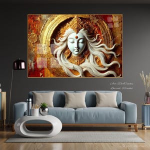 Goddess of wealth Lakshmi Durga Painting Red Gold, Indian Spiritual Art, Housewarming Gift, 3D Modern Wall Art Canvas Framed Glass Print