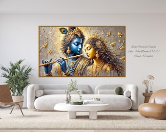 Peut inclure: Une toile encadrée de 213x119 cm représentant une figure à la peau bleue jouant d'une flûte dorée aux côtés d'une figure à la peau dorée. Tous deux portent des bijoux dorés complexes et des plumes de paon sur un fond texturé.