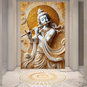 Indian Spiritual Art, Krishna Glass Idol, Golden Housewarming Gift, 3D Modern Abstract Painting, Paper Canvas Framed Large Temple Statue
