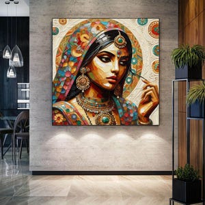 Enchanting, Beautiful Retro Bride Painting, Indian Princess Queen Woman Desi Modern Wall Art, Traditional Entryway canvas painting for Home