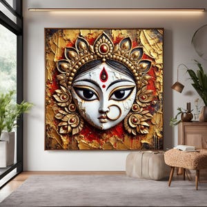 Goddess Durga Shakti Painting, Indian Spiritual Art, Housewarming Gift, 3D Modern Wall Art, Paper Canvas Framed Acrylic Glass Print for Home