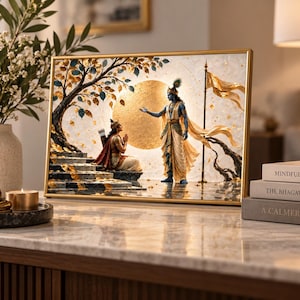 May include: A rectangular framed wall art print depicting a scene with a blue-skinned figure standing and a kneeling figure in traditional attire. The artwork features a large golden sun, a tree with gold leaves, and a flag, all set against a white background.