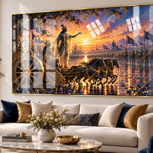 May include: A large rectangular wall art piece in a gold frame depicting a scene from the Mahabharata with Krishna and Arjuna on a chariot pulled by four black horses. The background shows a sunset over a battlefield with soldiers and flags.