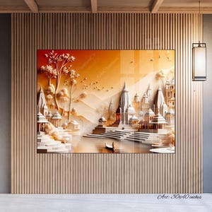 May include: A framed art print depicting a serene landscape with temples, trees, and a boat on a river. The artwork, measuring 30x40 inches, features warm orange and white tones, creating a peaceful atmosphere. The print is displayed on a wooden slatted wall.