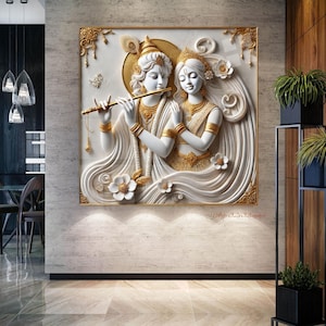Young Teenage Radha Krishna 3D Painting White Gold, Indian Spiritual Art, Housewarming Gift Modern Wall Art, Paper Canvas Framed Glass Print