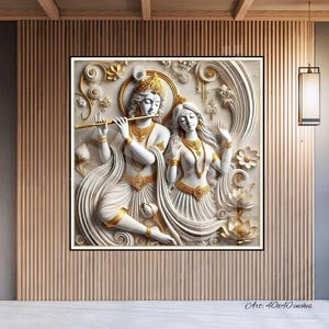 Radha Krishna Dancing 3D Painting White Gold, East India Hindu Religious Art, Housewarming Gift, Modern Wall Art Canvas Framed Glass Print