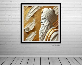 May include: A framed wall art print featuring a white sculpted bust of a bearded person wearing a turban, set against a textured gold and white painted background. The print includes the text 24x24 inches in the bottom right corner.