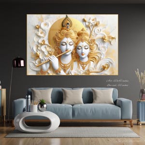 Radha Krishna 3D Painting White Gold, Indian Spiritual Art, Housewarming Gift, 3D Modern Wall Art, Custom Paper Canvas Framed Glass Print