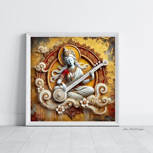 Hindu Goddess of knowledge and music Saraswati with Veena Indian Mandir Statue 3D Painting Spiritual Art Red Gold White Idol Murti Large