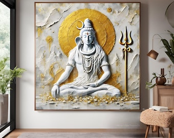 May include: A framed artwork depicts a serene, seated figure in a meditative pose. The figure is white, adorned with jewelry, and set against a textured backdrop with gold accents. A golden halo and trident add to the spiritual theme.
