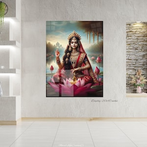 Mahalakshmi Hindu Goddess Realistic Portrait Art Wealth Prosperity Good Luck Indian Mandir Poster Painting Spiritual Gold Picture Idol Print