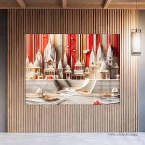 May include: A framed artwork depicting a detailed, three-dimensional architectural scene with white structures, steps, and water features. The background features red and gold vertical stripes. The artwork is labeled "Art: 30x40 inches."
