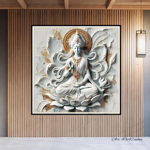 Goddess Lakshmi Gyan Vitarka Mudra, Painting White, Indian Spiritual Art Housewarming Gift, 3D Modern Wall Art, Paper Canvas Framed Glass