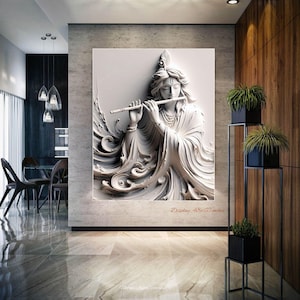 Lord Krishna Flute, Puja room 3D Idol Wall Art, Acrylic Glass Canvas Framed Art Paper, Indian Hindu God Painting, Modern 5feet White Statue