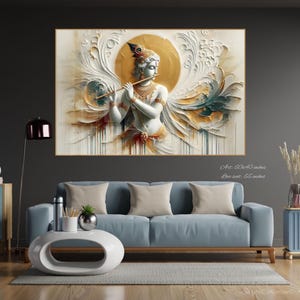 Lord Krishna Flute, Puja room 3D Mural Wallpaper, Acrylic Glass Canvas Framed Paper, Indian Hindu God Painting, Beige Statue Idol Murti