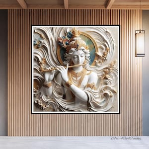 Indian Spiritual Art, Krishna Idol, Clay Beige Color Housewarming Gift, 3D Modern Abstract Painting, Paper Canvas Framed Large Temple Statue