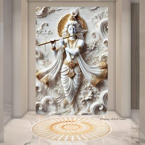 Krishna Living Room Puja Mandir 5feet Statue Wall Art, Standing Idol Indian Spiritual Religious Elegant God Housewarming Gift 3D Painting