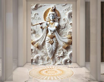 Peut inclure: Une œuvre murale en relief blanc et or représentant une silhouette jouant de la flûte, entourée de motifs tourbillonnants en forme de nuages. L'œuvre présente des détails dorés complexes sur les vêtements, les bijoux et l'auréole. 101,6x152,4 cm.