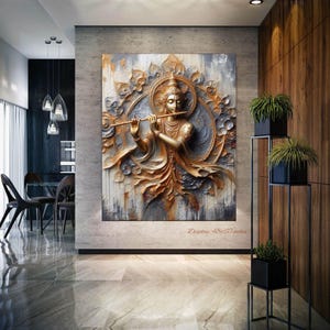 Custom Size Beautiful Lord Krishna with Flute Indian God Wall Art, Modern 3D Painting Paper Canvas Framed Acrylic Glass, Metallic Statue Art