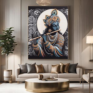 Lord Krishna Flute, Heavy Embroidery, Black White Minimal Color, Indian Hindu God Painting, Madhubani Print, Living Room Foyer Wall Art