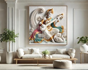 Dea Saraswati Veena Tempio indiano Decorazione per sala studio Dipinto 3D Meditazione Idolo contemporaneo Murti Grande opera d'arte da parete Regalo di compleanno per studenti