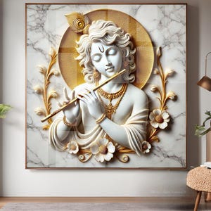 Exquisite Young Krishna Bal Gopal 3D Painting White Gold Marble Stone, Indian Housewarming Gift, Wallpaper Canvas Glass Mandir Puja Temple