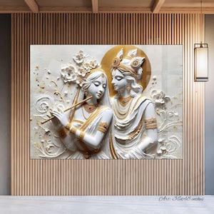 May include: A white and gold relief sculpture of two figures, one playing a flute. The figures are adorned with gold jewelry and headdresses, set against a white background with floral accents. The artwork is labeled "Art: 36x48 inches."