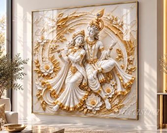 May include: A square wall art piece featuring a white and gold relief sculpture of Radha and Krishna. The figures are depicted in a circular arrangement, with Krishna playing a flute and Radha beside them, surrounded by intricate floral motifs.