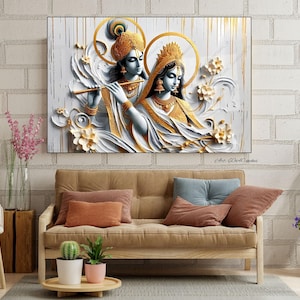 Radha Krishna Vrindavan 3D Painting White Gold, Indian Spiritual Art, Housewarming Gift, 3D Modern Wall Art, Canvas Framed Glass Print
