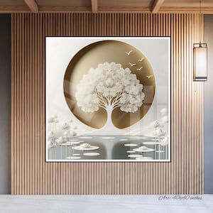 May include: A framed artwork featuring a white tree design within a golden circle, with birds and water lilies. The artwork is displayed on a wooden wall. The text "Art. 40x40 inches" is in the bottom right corner.