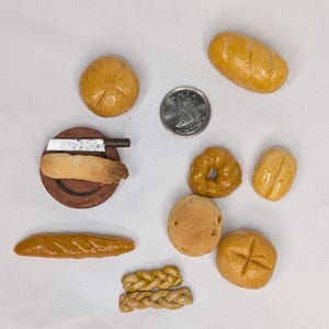 Miniature Bread Assortment – 1:12 Scale Handmade Bakery Set with Cutting Board and Knife