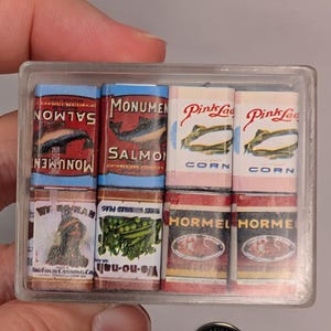 Etsy Listing: Vintage Miniature Grocery Cans Set – 24 Old-Fashioned Country Store Tins (Pre-1900 Label Replicas)