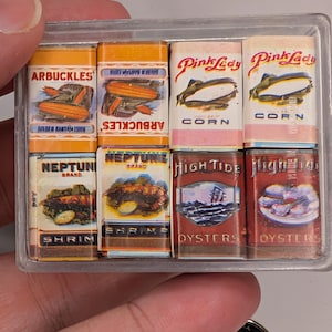 Etsy Listing: Vintage Miniature Grocery Cans Set – 24 Old-Fashioned Country Store Tins (Pre-1900 Label Replicas)