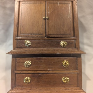 Miniature Wooden Armoire Cabinet with Brass Pulls – 1:12 Scale Dollhouse Furniture