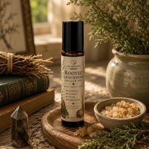 May include: A 10 ml amber glass roller bottle with a black cap, featuring a label for Cor Creations Rooted Grounding Roller Oil. The label lists cedarwood, patchouli, vetiver, and frankincense as ingredients. The bottle stands upright on a round wooden tray.