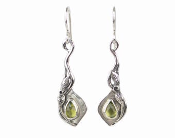 Peridot Earrings - Rose Earrings - Sterling Silver Leaf Earrings - Nature Inspired - Nature Jewelry - Silver Peridot Earrings