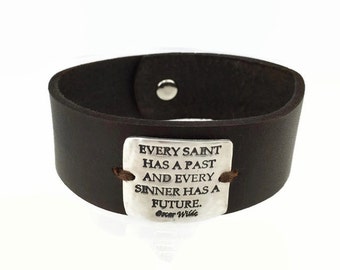 Every Saint Has a Past Every Sinner Has a Future - Sterling Silver Leather Bracelet - Mens Leather Bracelet - Silver Leather Cuff