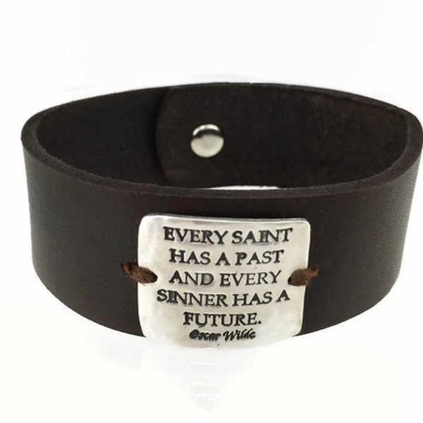 Every Saint Has a Past Every Sinner Has a Future - Sterling Silver Leather Bracelet - Mens Leather Bracelet - Silver Leather Cuff