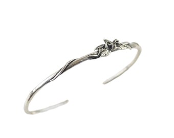 Sterling Silver Cuff - Silver Twig Bangle - Silver Rose Adjustable Bracelet - Rose Leaf Silver Cuff - Sterling Silver Rose Bracelet