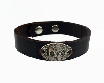 Silver Love Bracelet - Leather Cuff Bracelet - Leather Wrist Cuff - Leather and Silver Bracelet - Leather Cuff Bracelet Women - Love Cuff