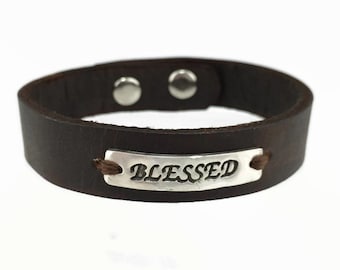 Blessed - Christian Jewelry - Sterling Silver Leather Bracelet - Christian Bracelet - Silver Christian Bracelet - Leather Cuff - Silver Cuff