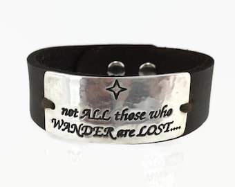 Brown and Silver Leather Bracelet - Not All Who Wander are Lost - Mens Leather Bracelet - Sterling Silver Cuff - Black Leather Bracelet