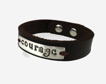 Courage Bracelet - Sterling Silver Cuff Bracelet - Courage ID Bracelet - Mens Leather Bracelet - Strength Bracelet - Courage Jewelry