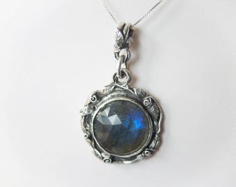 Sterling Silver Labradorite Pendant - Silver Rose Necklace - Art Nouveau Pendant- Sterling Silver Rose Pendant - Nature Inspired Pendant